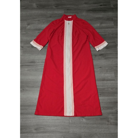 Sears At Home Wear Velour Maxi Zip Up Robe Housedress Womens Size 42 Red Stripes - Picture 1 of 9